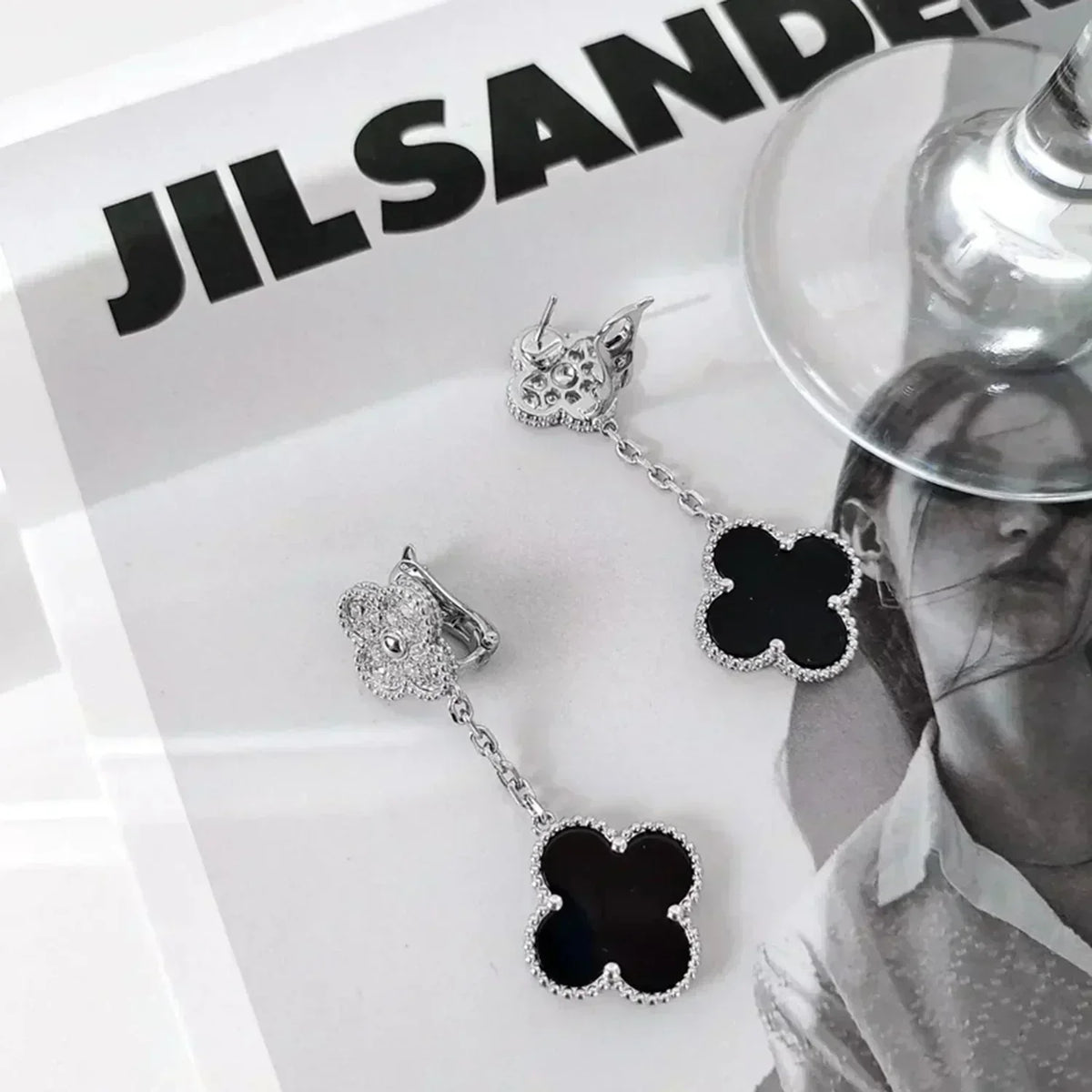 ¡®Lume Jewelry¡¯CLOVER 2 MOTIFS  DIAMOND ONYX EARRINGS SILVER