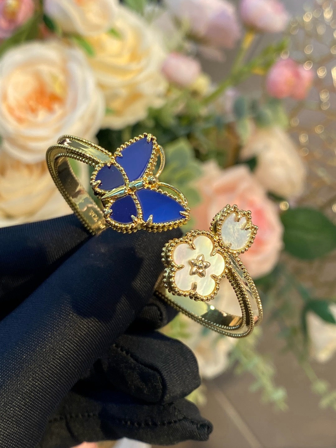 ¡®Lume Jewelry¡¯Lucky Alhambra Butterfly & Clover Open Bangle, Blue Onyx & White MOP Gold‑Tone