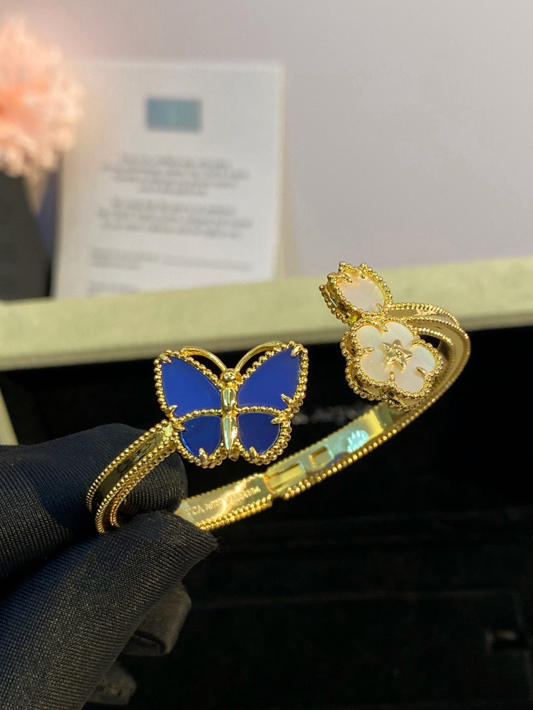 ¡®Lume Jewelry¡¯Lucky Alhambra Butterfly & Clover Open Bangle, Blue Onyx & White MOP Gold‑Tone