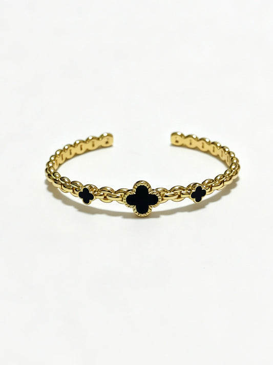 ¡®Lume Jewelry¡¯Vintage Alhambra 3‑Flower Open Cuff, Black Onyx Gold‑Tone Chain Bangle