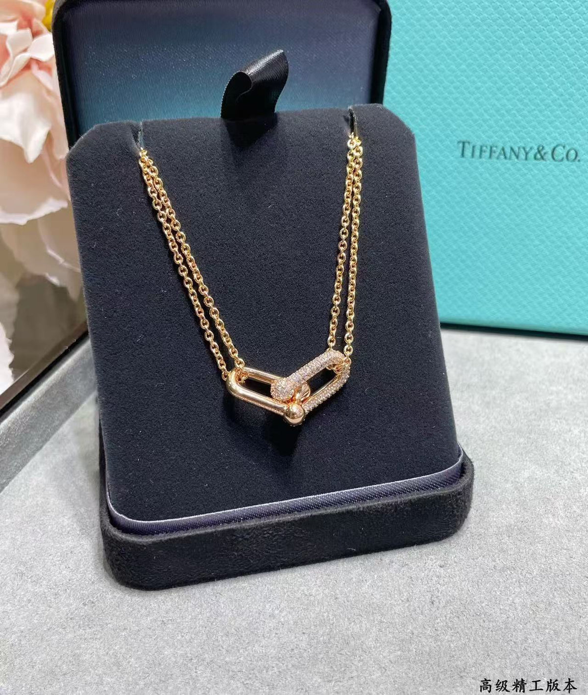 [Lume Jewelry]T House Diamond-Set Double Chain Link Pendant Necklace